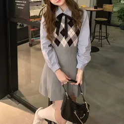 Preppy Style Knitted Mini Dress Spring Autumn New Sleeveless Women's Clothing Vintage Plaid Patchwork Commute Round Neck Dresses
