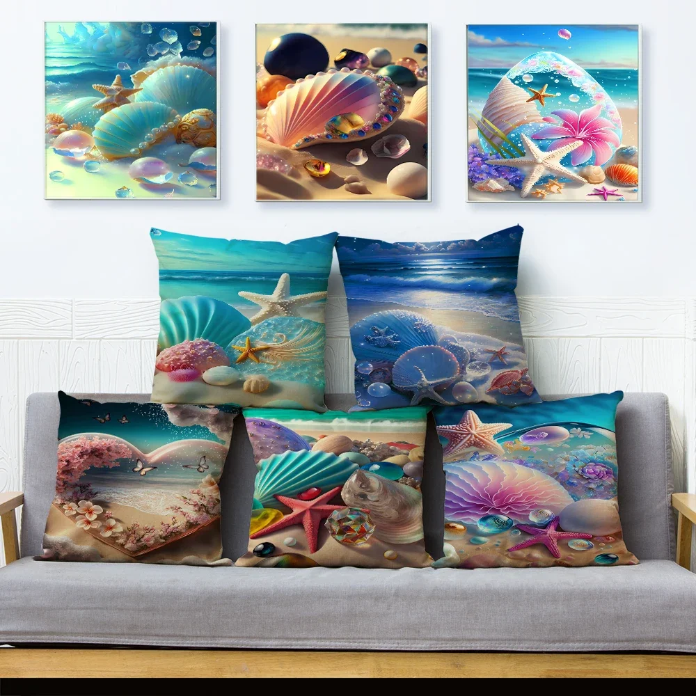 Nordic Style Cushion Cover for Sofa Home Decor Fantasy Shell Seaside Scenery Ocean Animal Print Pillowcase Throw Pillow Case