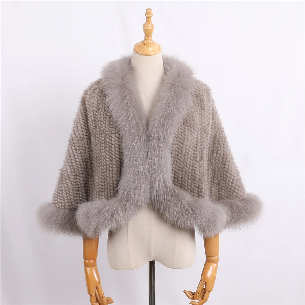 Luxury New Genuine Mink Fur Knitted Shawl Wrap Opera Cape Fox fur Triming women Lady mink fur coat Jacket Stole Amice Pashmina