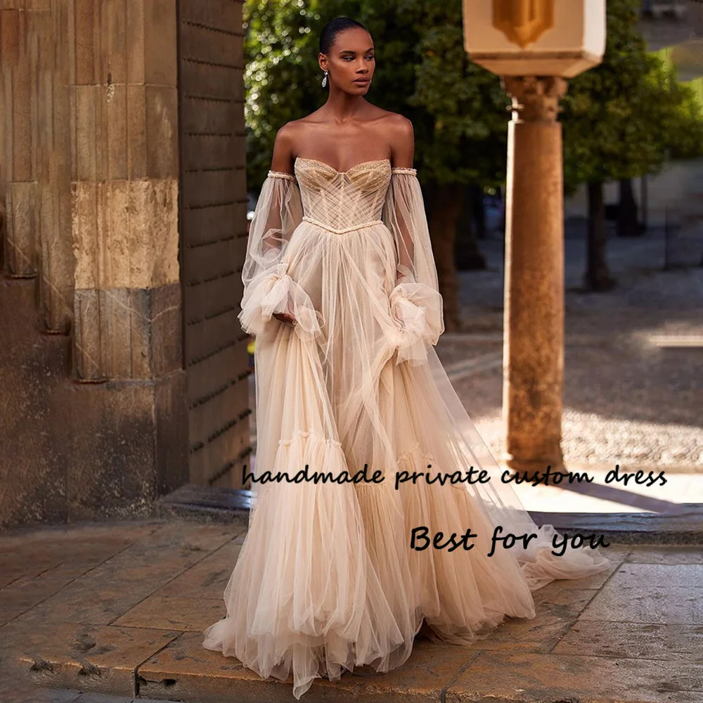 

Champagne Tulle Boho Wedding Dresses Puff Sleeve Bone Corset Pearls Sweetheart Bride Dress A Line Beach Bridal Gowns