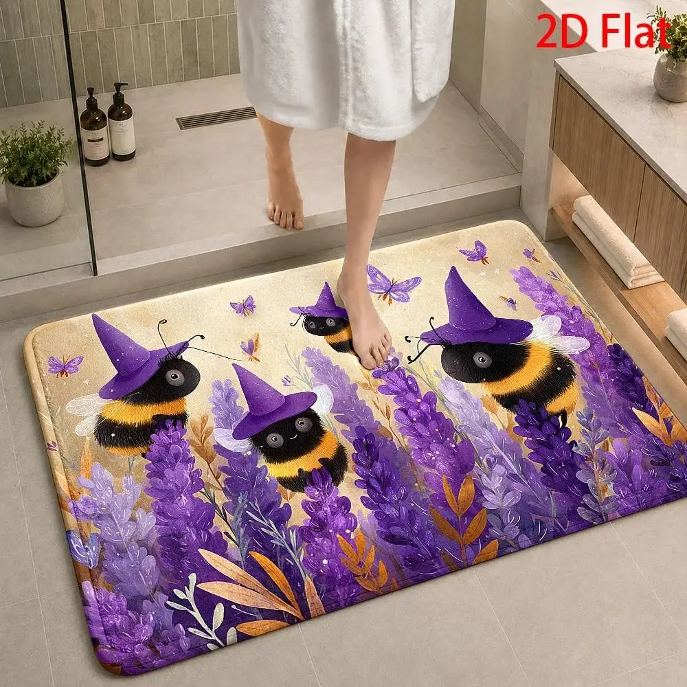 1pc, 2pcs, 3pcs, 2D Flat, Cute Witch Bee Bath Rug Sets, Lavender Field Halloween Bathroom Mat, Absorbent, Quick-Drying,, Machine Washable Decorative Floor Mat Set, Perfect for Bathrooms, Laundry Rooms, 2D Flat