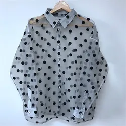 Men Clothing Summer Fashion Dot Print Transparent Sunscreen Shirt Y2K Casual Lapel Long Sleeve Loose Thin Tops Camisas De Hombre