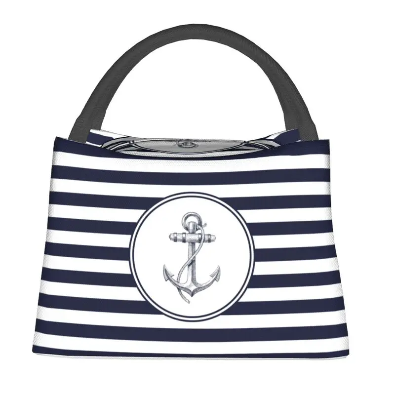 Custom Anchor And Navy Blue Stripes Insulated Lunch Bag for School Office Nautical Sailor Resuable Thermal Cooler Lunch Box