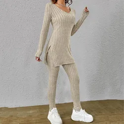 Autumn Winter 2 Pieces Set Women Knitted Solid Long Sleeve Sweater Tops Slim Fit Pants Sets Fashion Elegant Warm Trousers Outfit