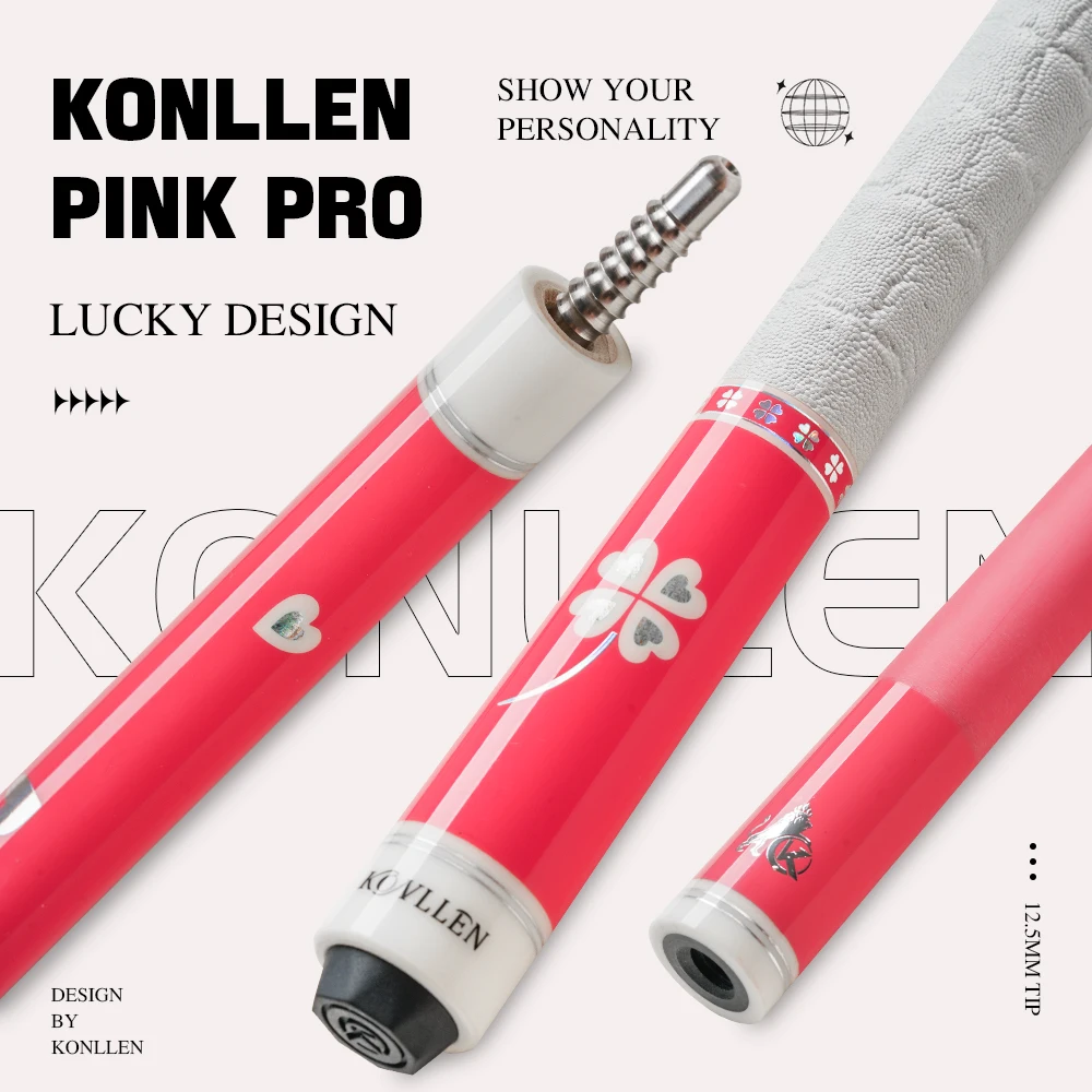

KONLLEN розовый бильярдный кий из углеродного волокна для женщин KL-Pink-Pro 58 дюймов, девичий бильярдный кий Lucky с низким дефектом и наконечником 12,5 мм
