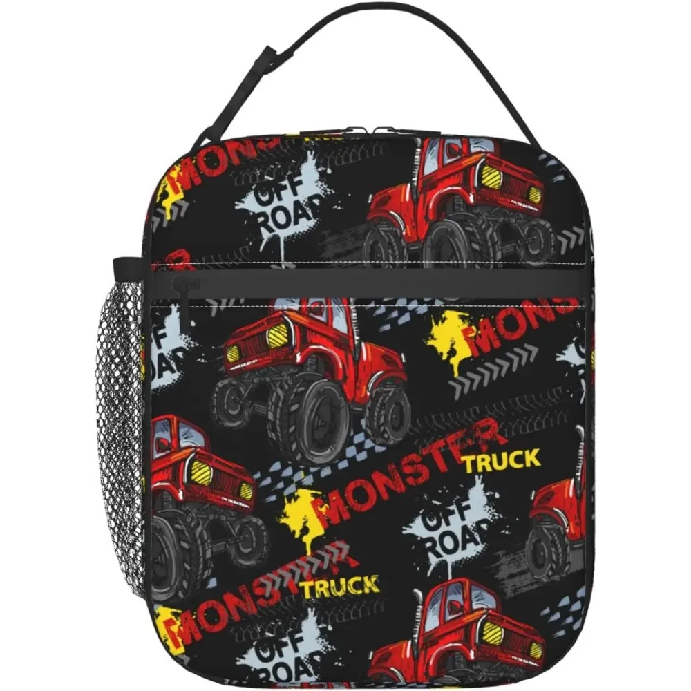 멋진 레드 몬스터 트럭 자동차 점심 가방 성인을위한 절연 도시락 소년 소녀 여행 피크닉을위한 내구성 휴대용 쿨러 토트