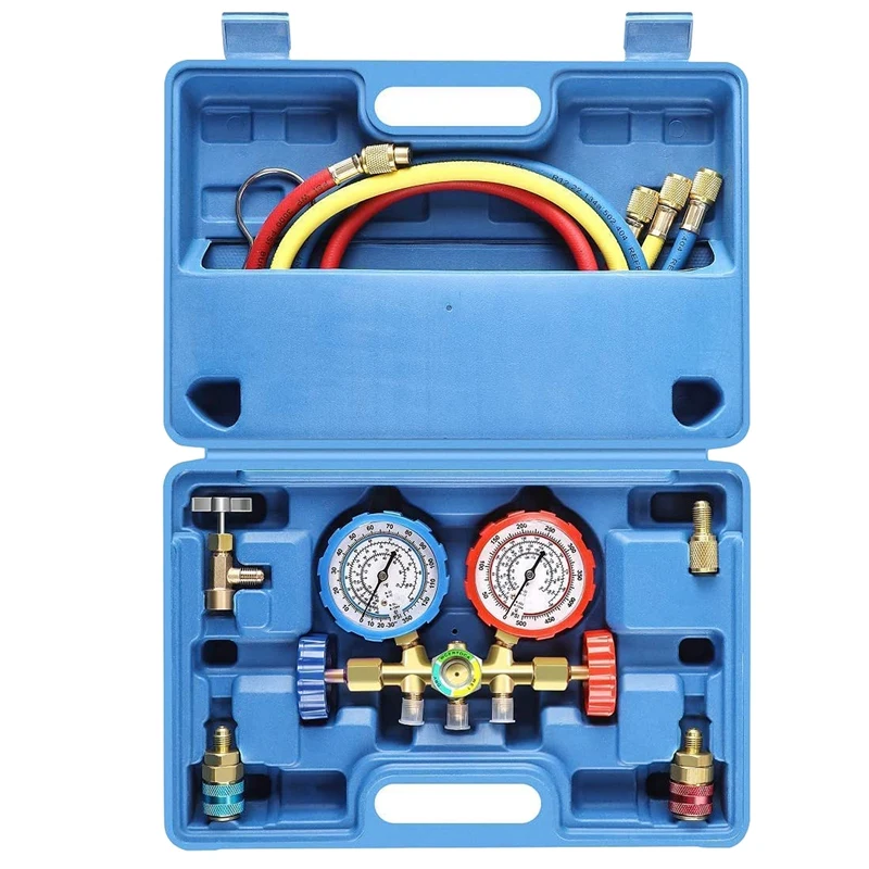 

AC Gauges, 3 Way AC Diagnostic Manifold Gauge Set For R134A R12 R22 R502 Refrigerants, With 3FT Hose, Quick Couplers