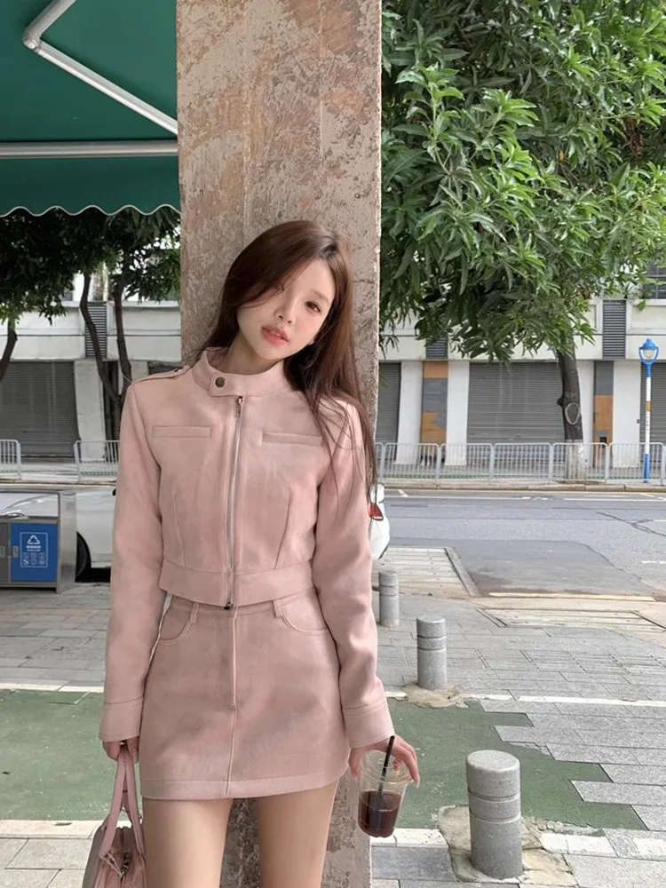 

Sweet And Spicy Sle Suede Motorcycle Jaet And Skirt Set Women's Faion Autumn 2024 New Arrival Two-Piece Suit