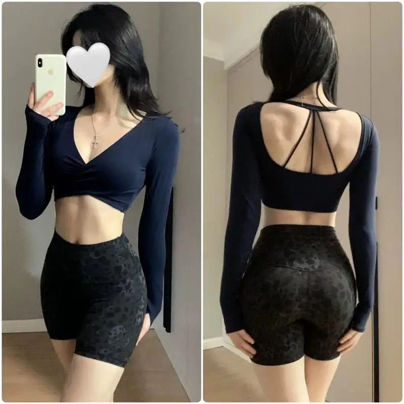 Long Sleeve Yoga T-Shirt Short Crop Top Pilates Training Fitness Sporty Fashionable Women's Shirt V-Neck Sweat Absorbent Quic...
