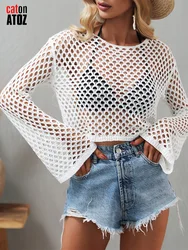 2024 New Sexy Knitted Loose Mesh Sheer Tops For Women Summer Black Stretchy See Through Sweater Female Clothing 3069