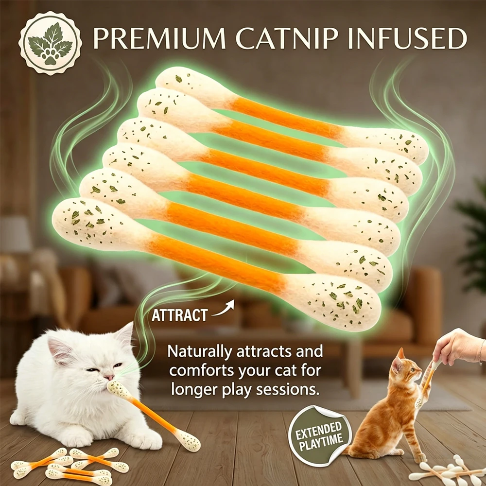 

6PCS Creative Felt Cotton Swabs with Catnip Cat Toys Lightweight Giant Swabs Cat Toy Teething Chew Dental Kitten Toy Cat Lovers