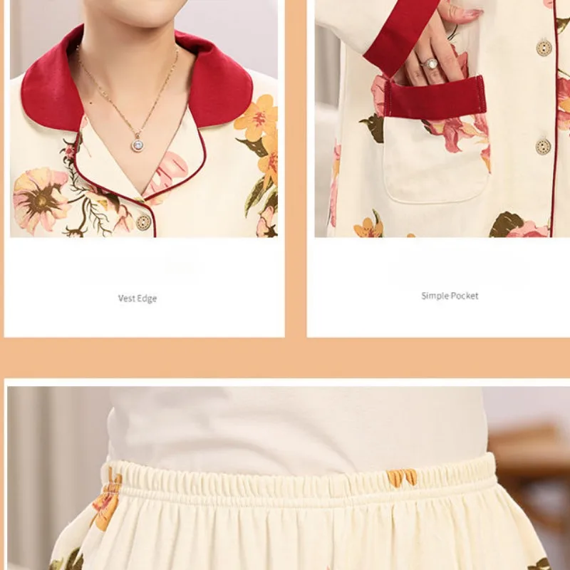 Women Spring Autumn Pajamas Middle Aged Elderly Pure Cotton Pyjamas Long Sleeve Plus Size Nightdress Solid Color Thin Sleepwear