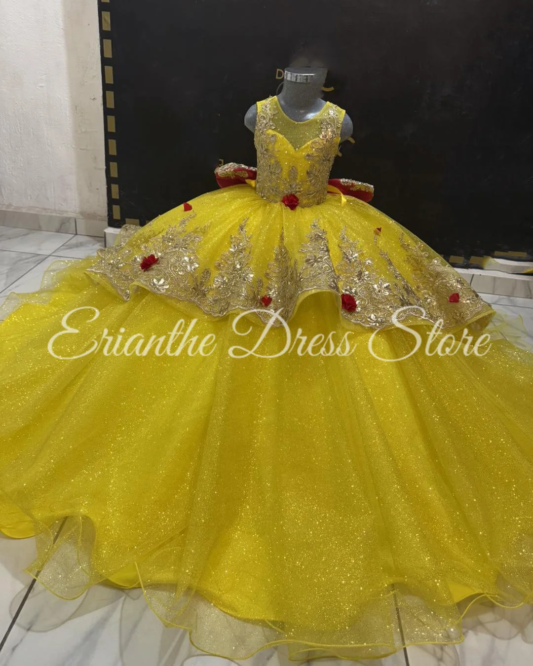 Yellow Flower Girl Dress For Wedding Tulle Puffy With Red Bow Shiny Kids Birthday Party First Communion Ball Gowns Customized