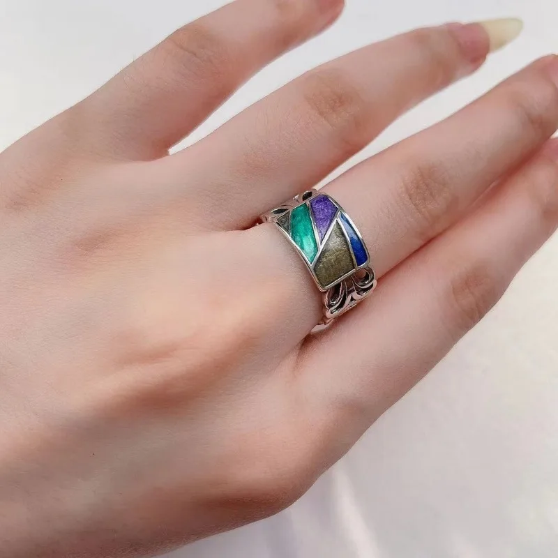 Creative Design 925 Silver Enamel Wide Style Colorful Splicing Rings for Women Exquisite Art Style Ring Banquet Jewelry Gift