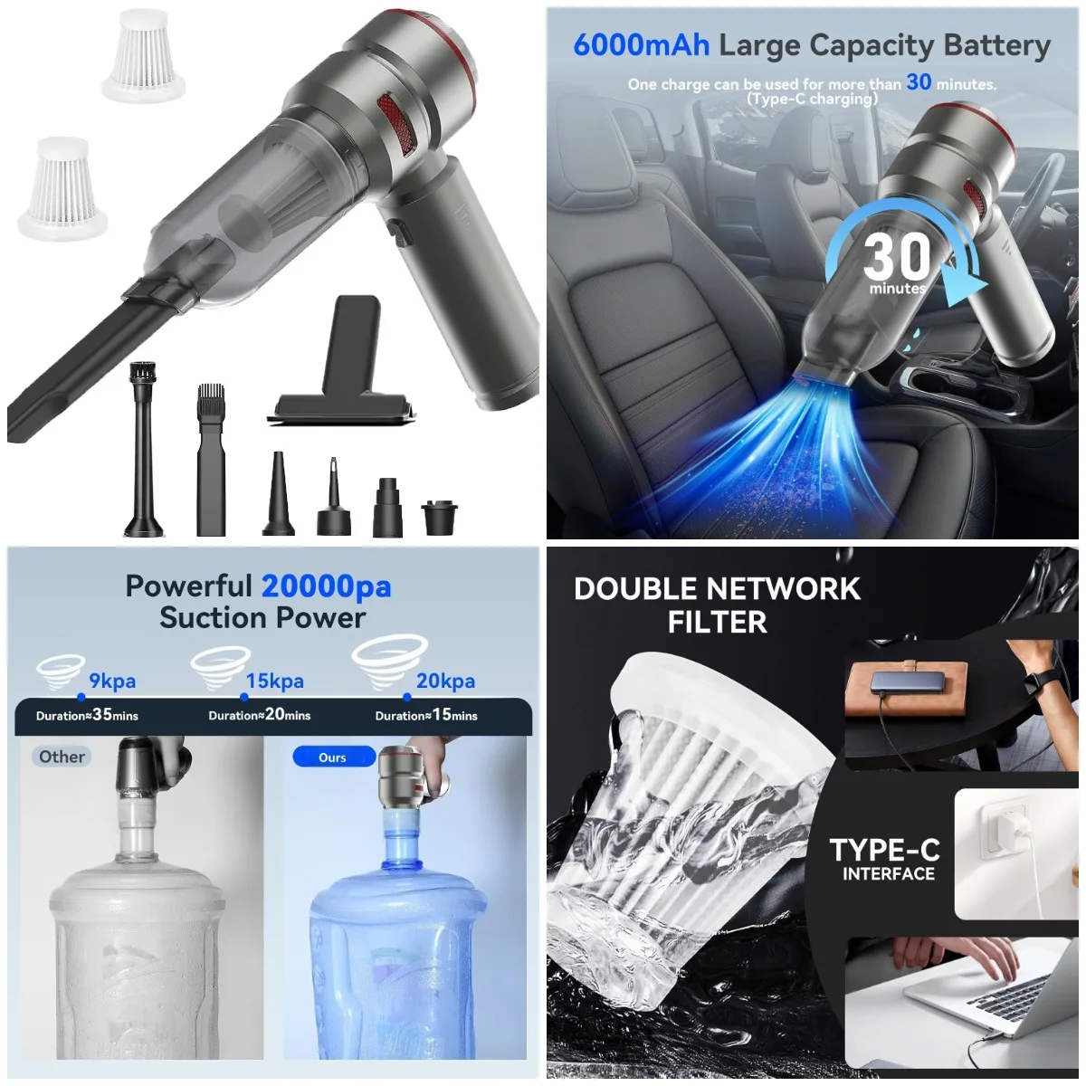 

Car Vacuum Cleaner 20000 Pa, 4-in-1 Portable Mini Vacuum, USB-C Rechargeable, for Car, Home, Pet Hair