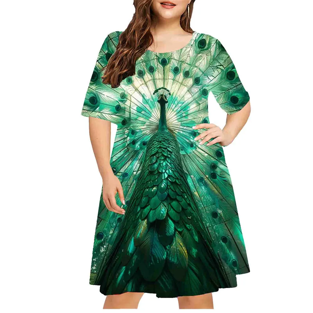 Beautiful 3D Peacock Print Dress Women Plus Size Loose Dress Summer Casual Pullover Ladies Retro Dress Large Sizes Clothing 9XL