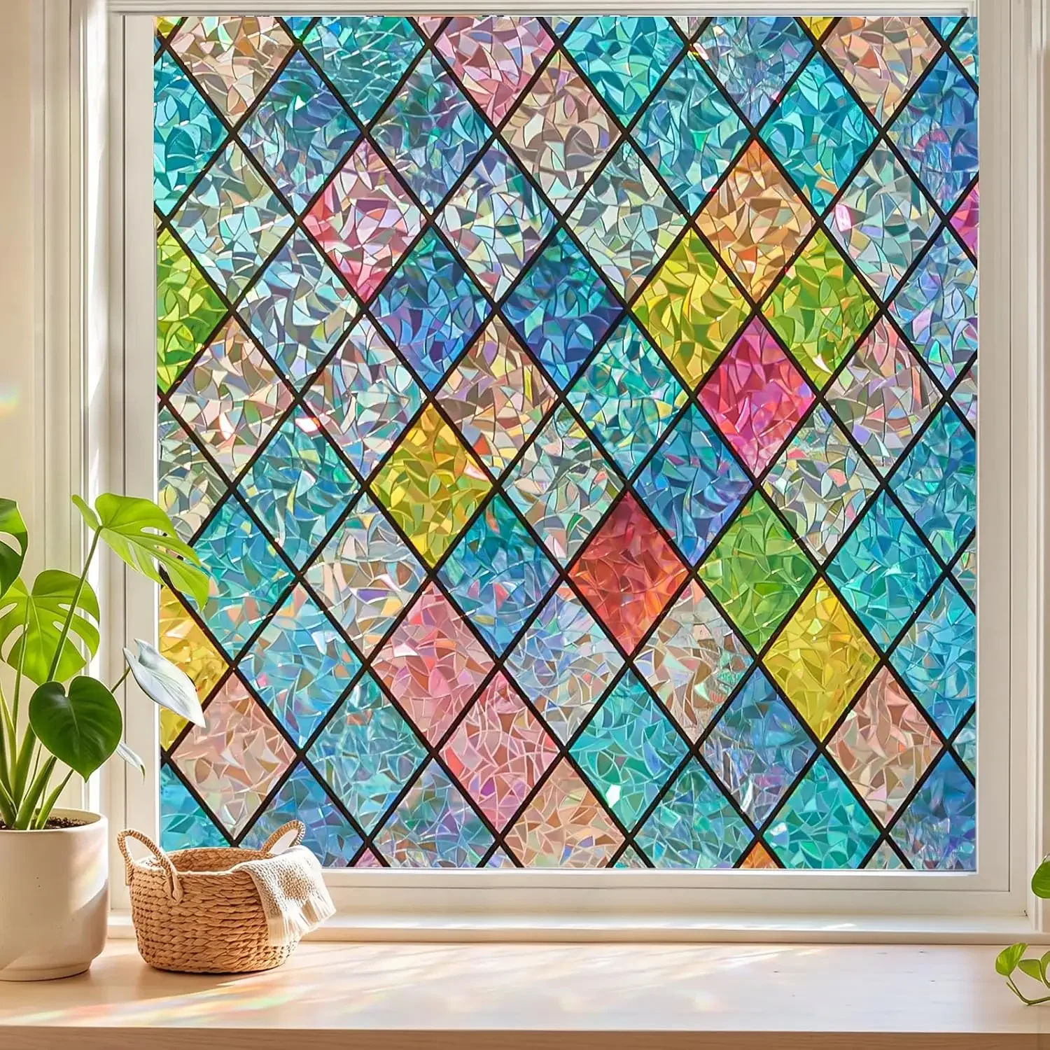 Stained Glass Winodw Film, Rainbow Lattice Stickers, Non Adhesive Decorative Window Cling, UV Sun Blocking Heat Control for Home