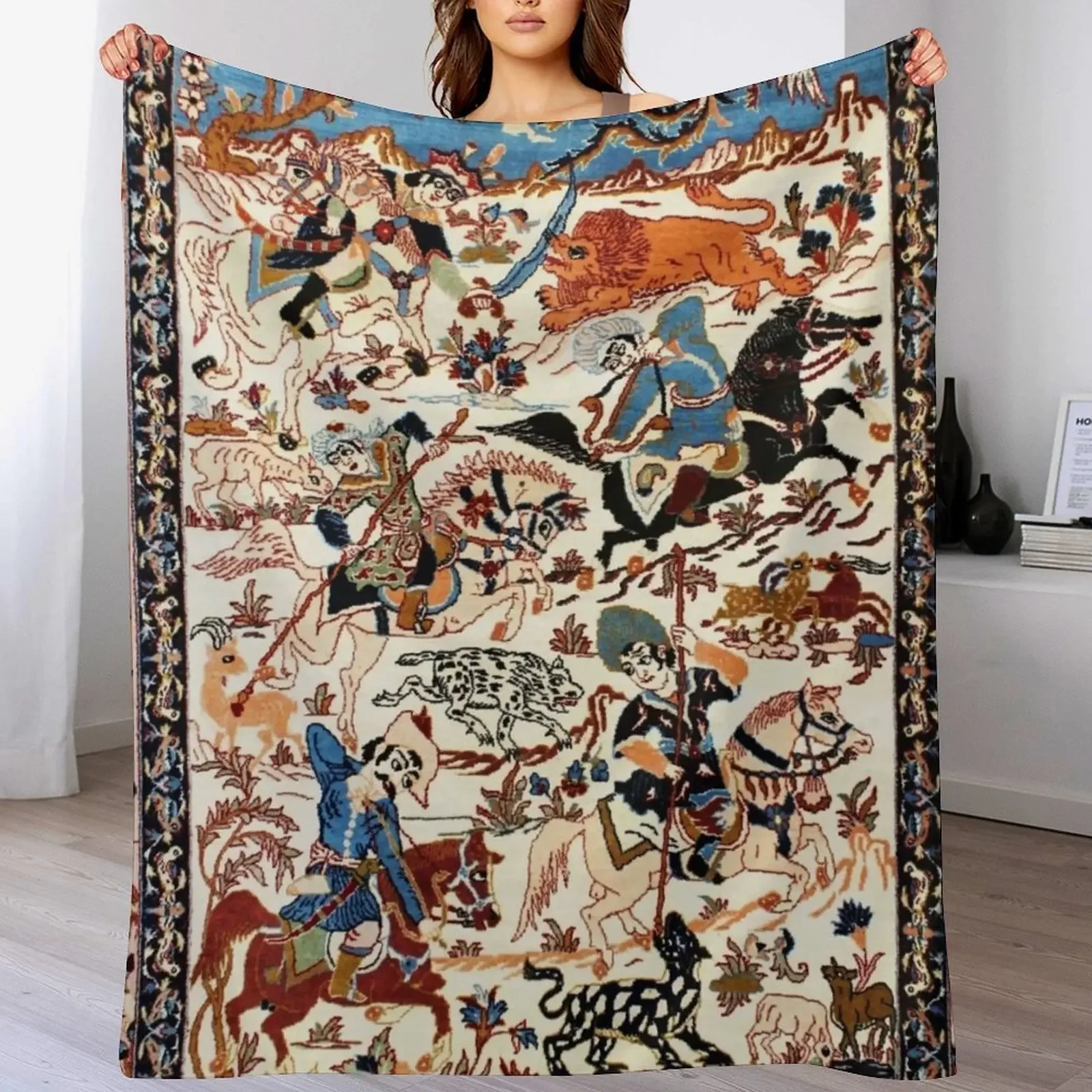 

Blue Antique Persian Isfahan Silk Rug with Flowers Animals Print Throw Blanket Shaggy Furry Soft Blanket for Bedroom Living Room