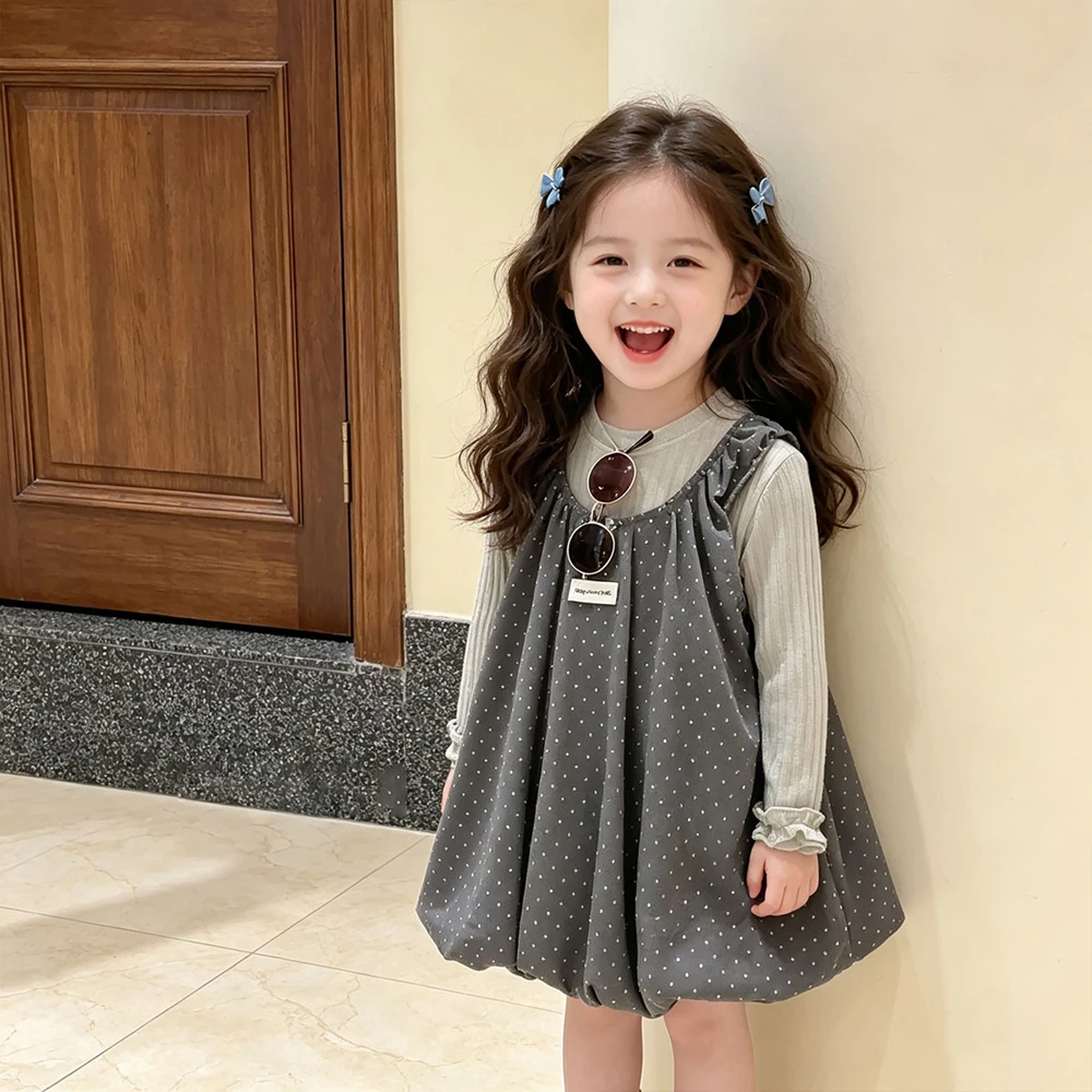 Autumn Children Sweet Dress Outfit Baby Girls Ribbed Long Sleeve Undershirt+Polka Dot Bubble Hem Pinafore Dress Kids Casual Set