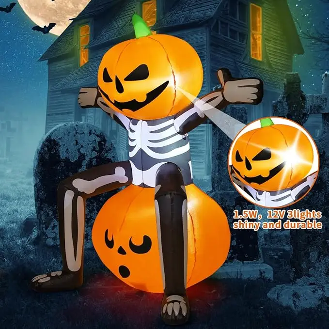 5 pés de Halloween inflável crânio esqueleto cabeça de abóbora LED explodir para festa no jardim
