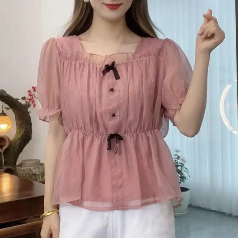 Summer Outfit New Chiffon Shirt with Fashion Short Sleeve Top Lish Age Reducing Waist Cinching Slim Versatile Small Shirt