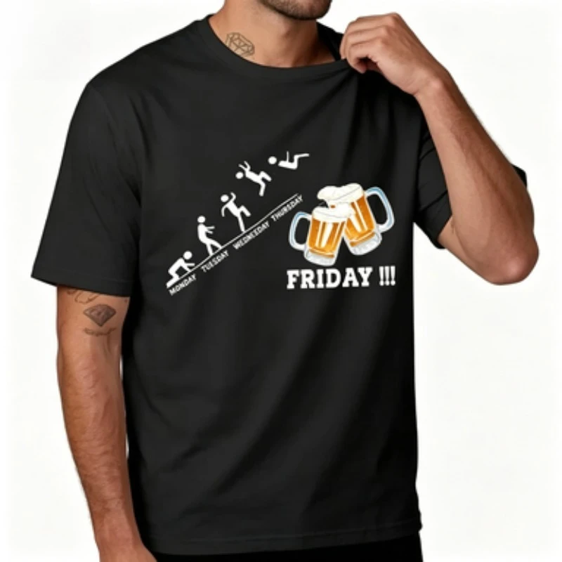 Men Crew Neck T‑Shirt Funny Friday Beer Meme Graphic Print Short Sleeve Cotton  Weekday Evolution Humor Streetwear Tees