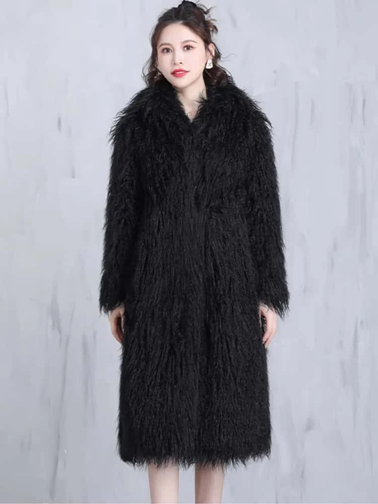 Nuevo Abrigo largo de lujo con capucha para mujer, abrigo holgado peludo de piel sintética de manga larga, abrigo grueso y esponjoso para invierno, gabardina informal