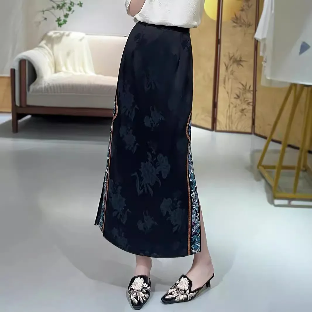 

High-Quality Spring Autumn Jacquard Acetate Skirt Vintage Chinese Style Slim Elegant Woman Hanfu Embroidery Skirt S-XXL