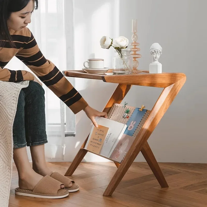 cheese side table, Nordic solid wood small table, movable in the middle of the sofa, designer tempered glass side table