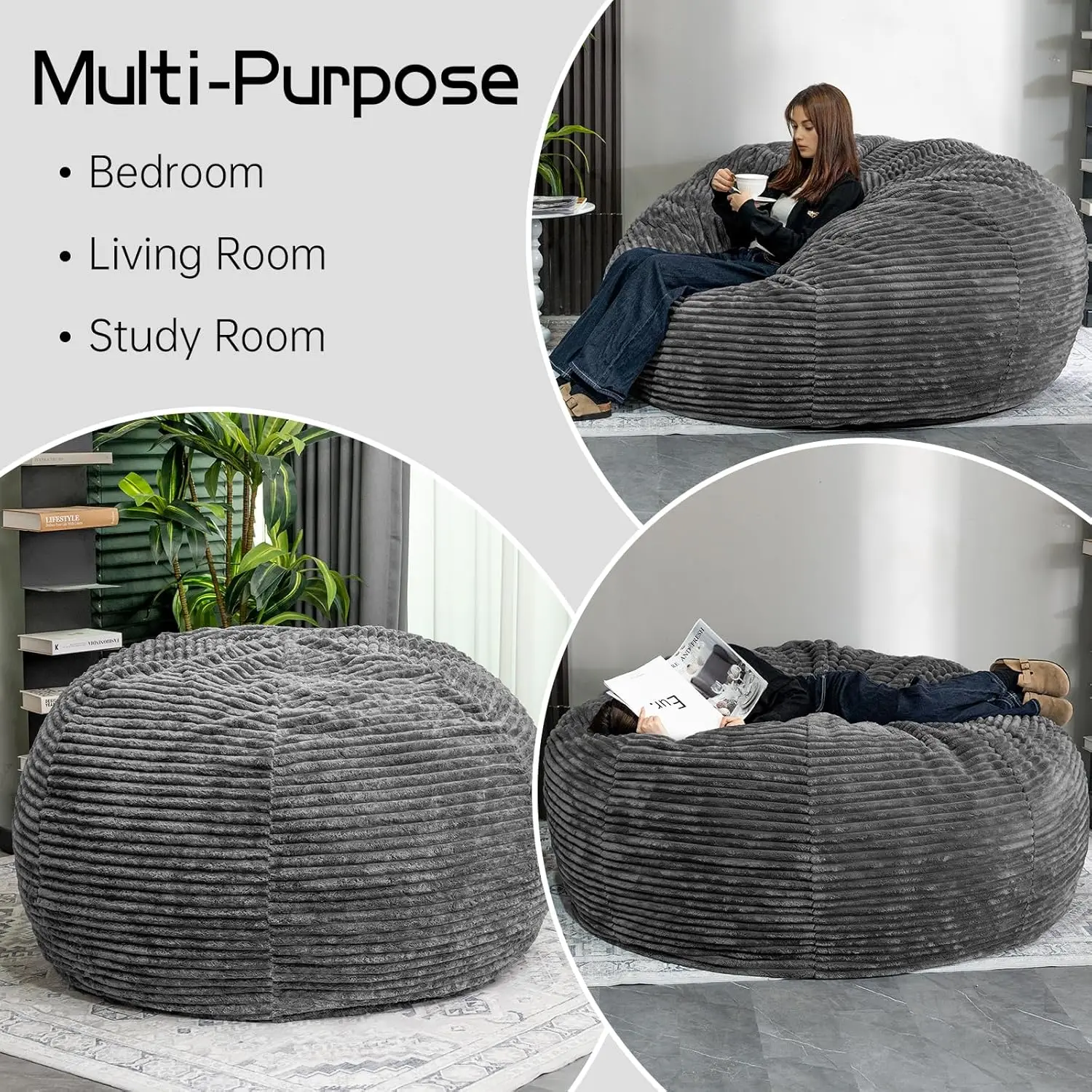 Large Bean Bag Chair for Adults, 6FT Giant Beanbag Chairs with Memory Foam Filled,Ultra Soft Lazy Sofa for Living Room Bedroom,G