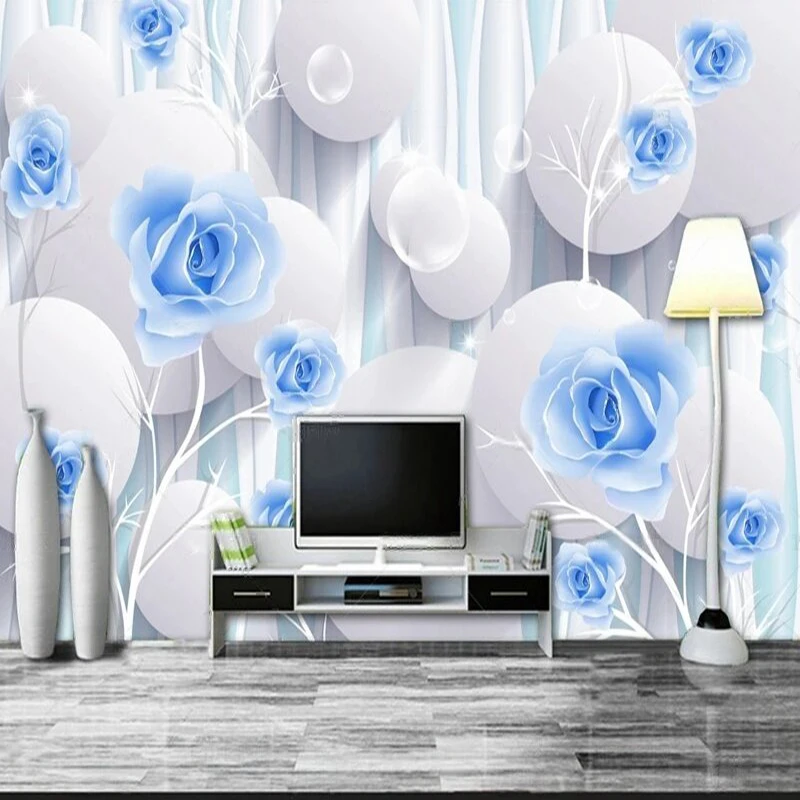 Simple European-style light blue rose fashionable 3D TV luxurious home decoration bedroom sofa living room background wall paper