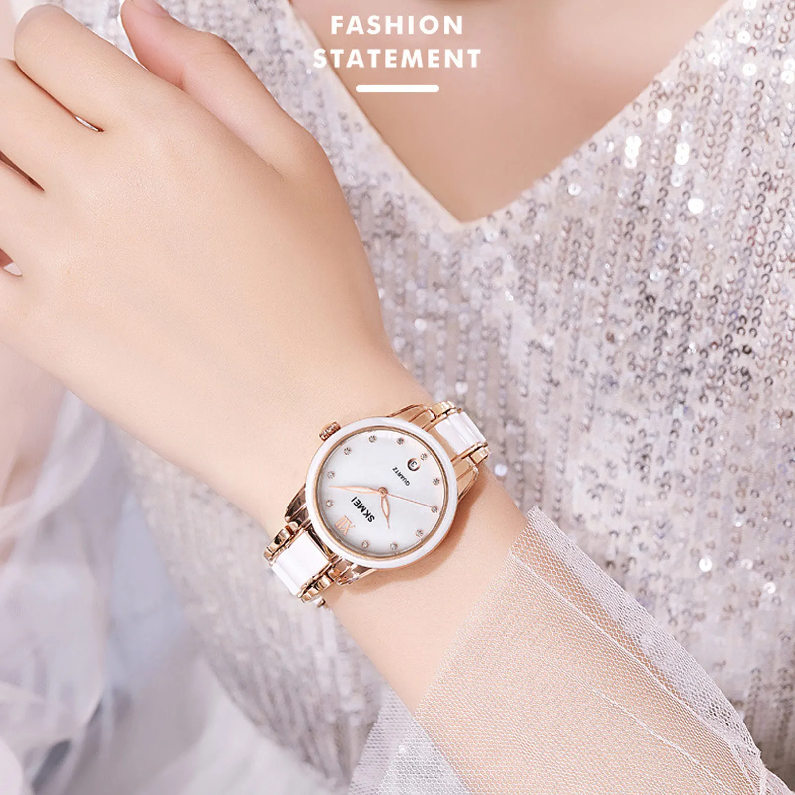 Relógio de quartzo feminino strass decoração cerâmica banda de aço inoxidável resistente à água relógio de pulso com data ouro rosa