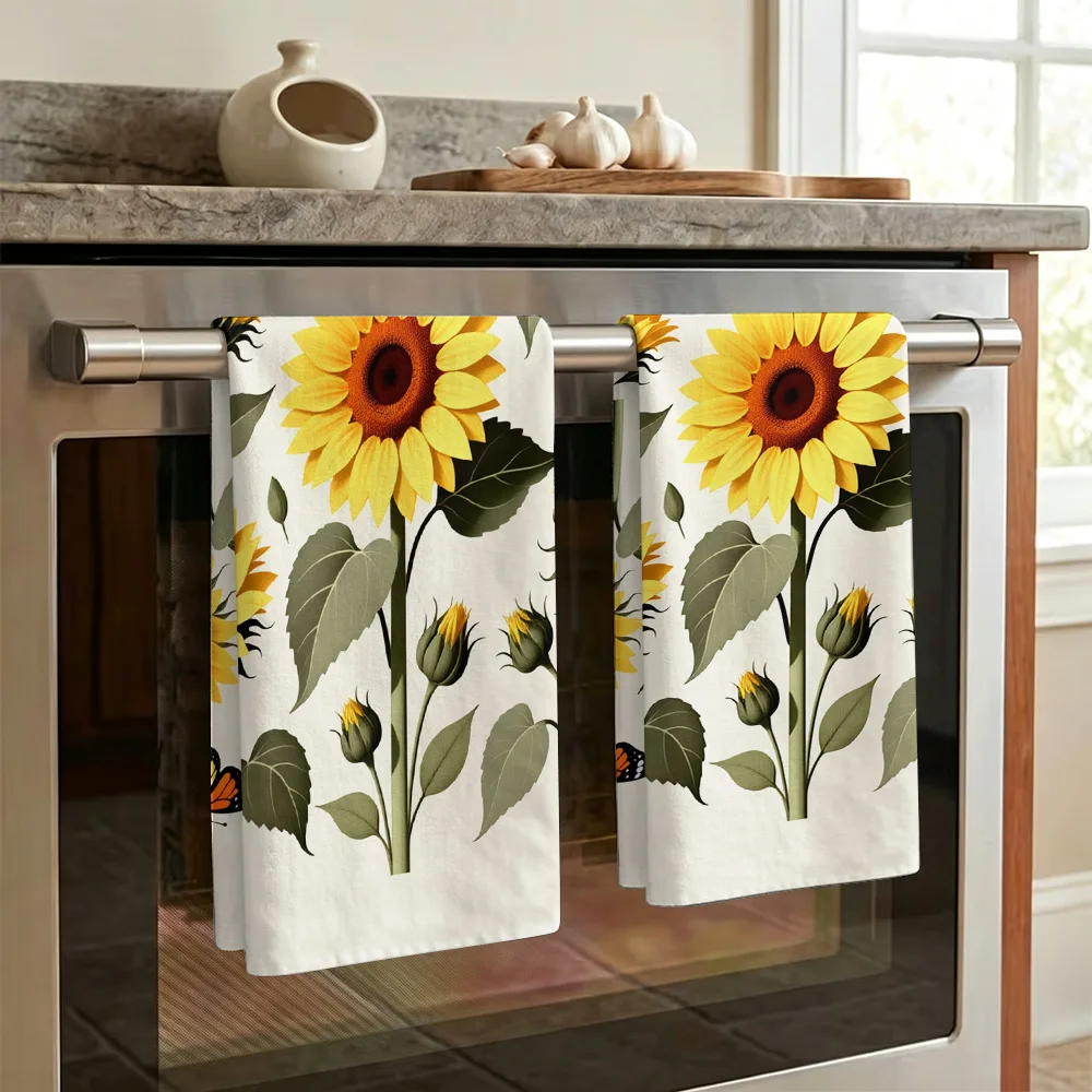 1pc/2pcs Sunflower and Butterfly Print Kitchen Towel-Super absorbent, reusable polyester dishcloths perfect for home decor, cook