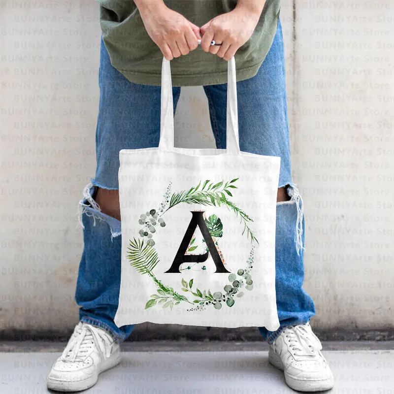 Black Letter Green Grass Edge White Canvas Tote Bags Ladies for Youth Women Foldable Shopping Bags Aesthetics Eco Summer Bag