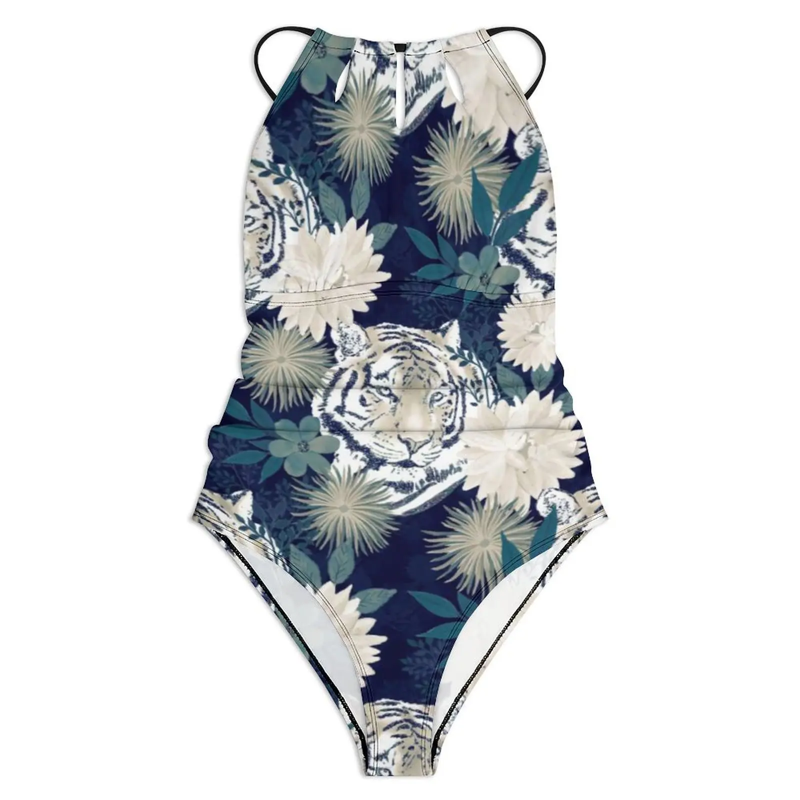 Trendy Tiger Animal Swimsuit Watercolor Floral Blue One Piece Swimwear Push Up Bathing Suits Sexy Surfing Graphic Swimsuits