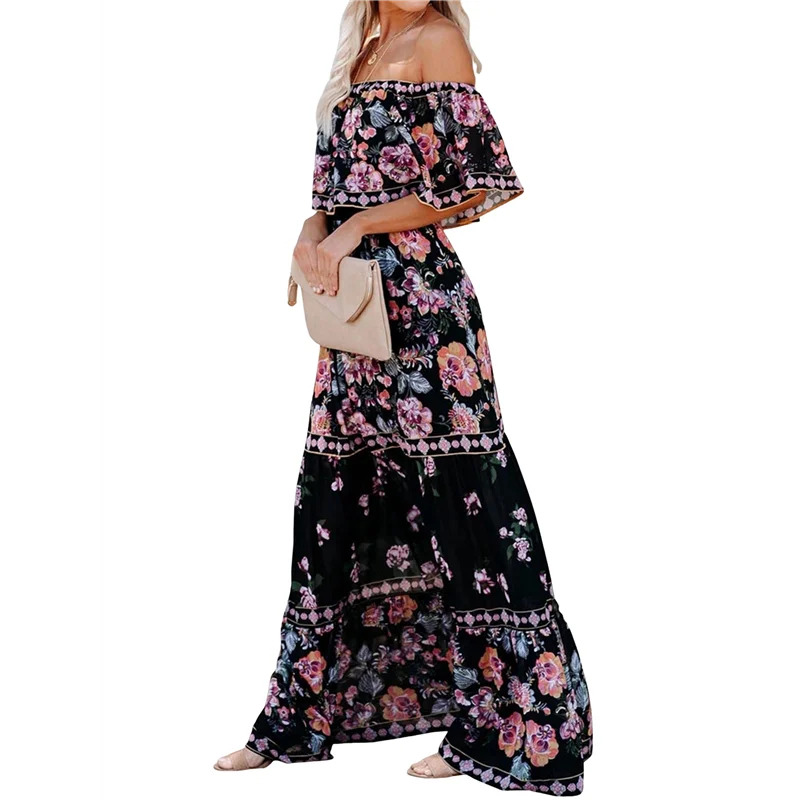 Abito messicano da donna, stampa floreale estiva, spalle scoperte, senza maniche, lungo da spiaggia, maxi Dress-A55G
