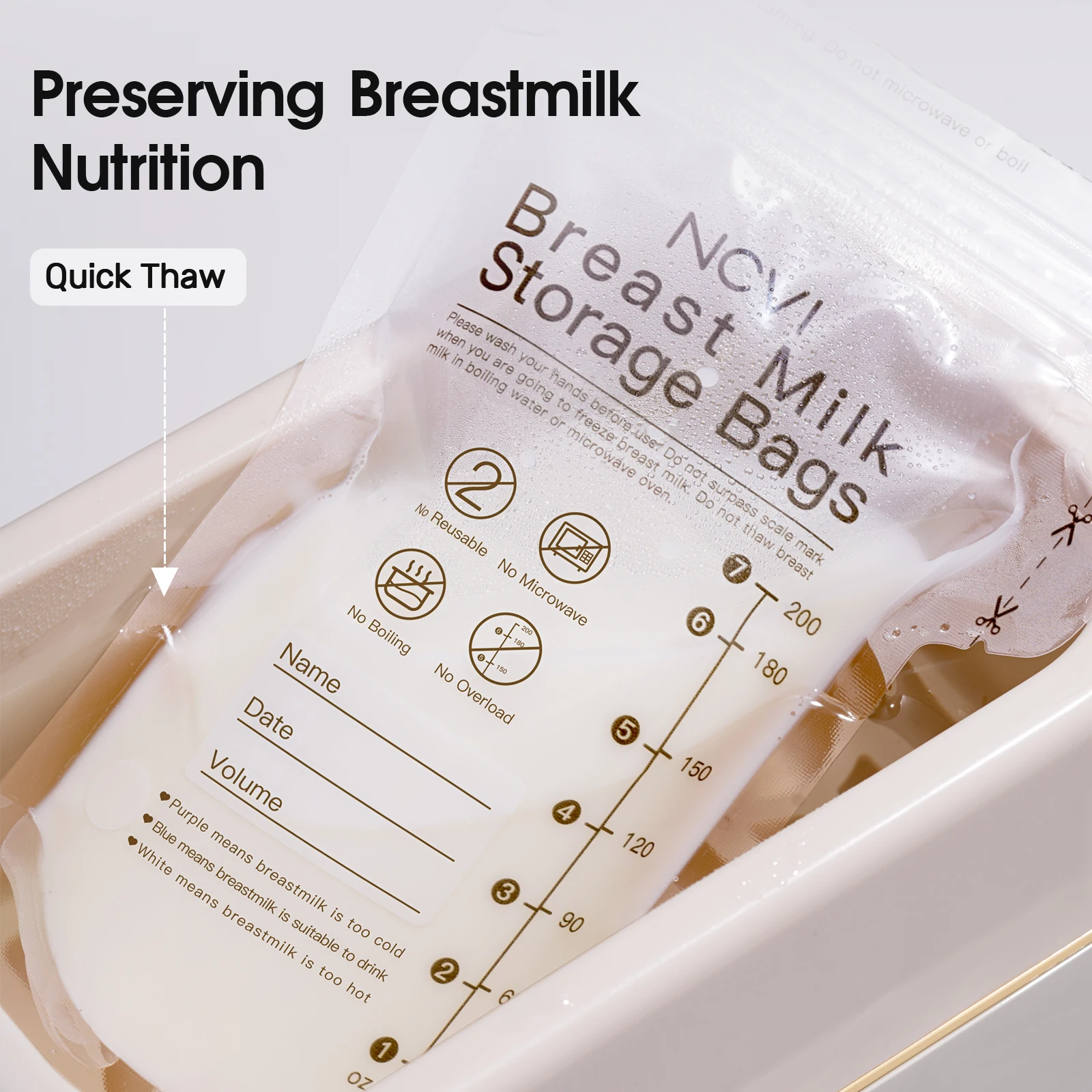 NCVI 60 Count Breastmilk Storage Bags,7oz Breast Milk Storage Bags with Temp-Sensing for Breastfeeding,Doubled-Sealed, BPA Free