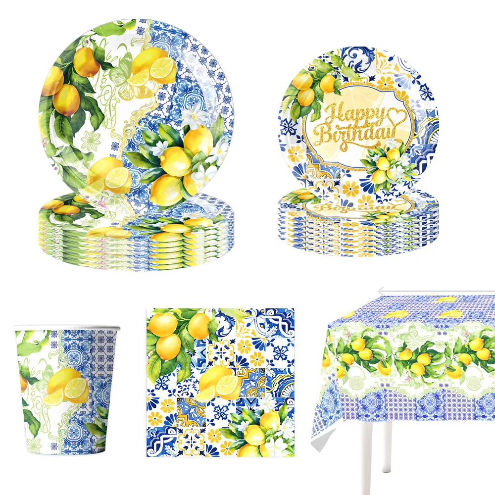 Blaue Zitronen-Geburtstagsdekoration Elegantes Einweg-Geschirr-Set Pappteller Becher Servietten Tischdecke Hochzeits- und Partyzubehör