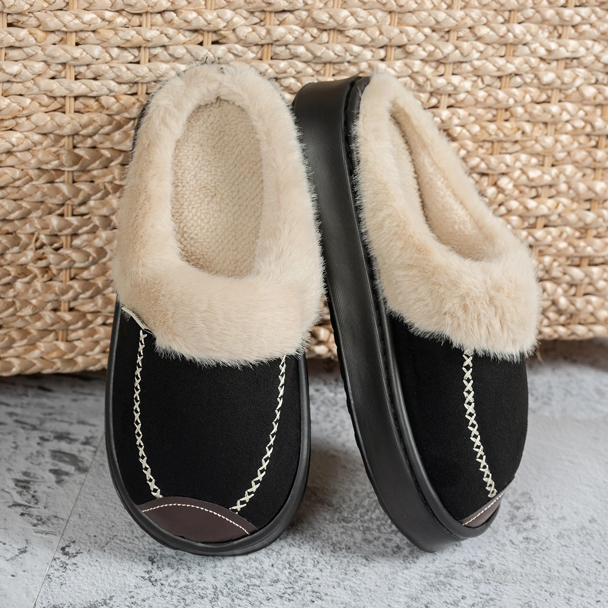 Men Platform Lined Mule Slippers Winter Suede Slip On Thick Sole Closed Toe Indoor Outdoor Warm Clogs Non-slip Shoes Couple