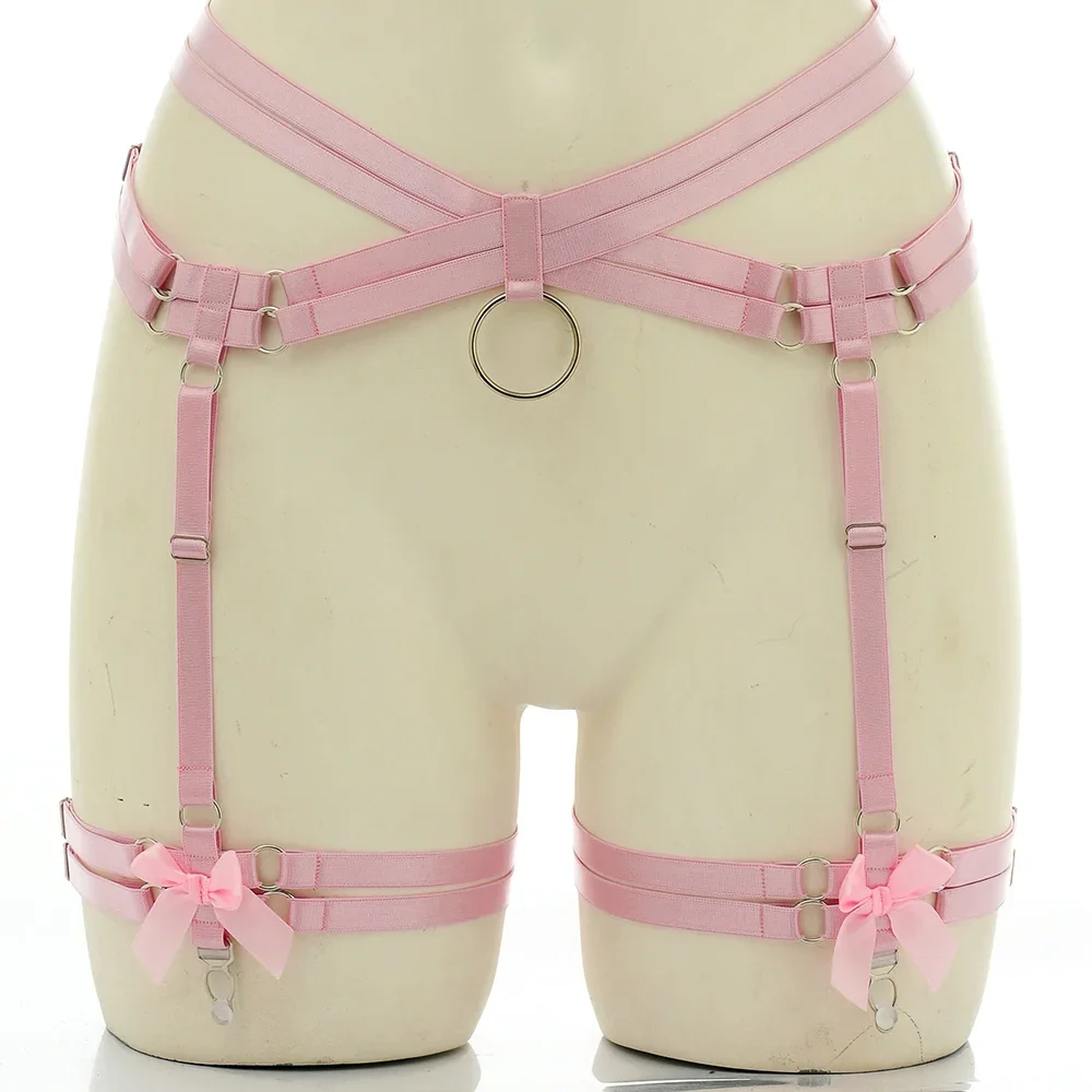 

Hollow Pink Kawaii Bondage Garter Punk Wedding Bride Body Harness Bow Clip Elastic Belt Punk Body Harness Cage accessories