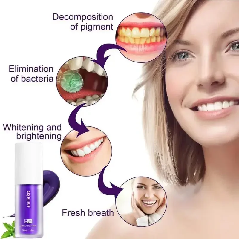 Nuevo 30ml V34 SmileKit pasta de dientes púrpura elimina el sarro limpieza higiene bucal aliento fresco blanqueamiento productos para el cuidado de