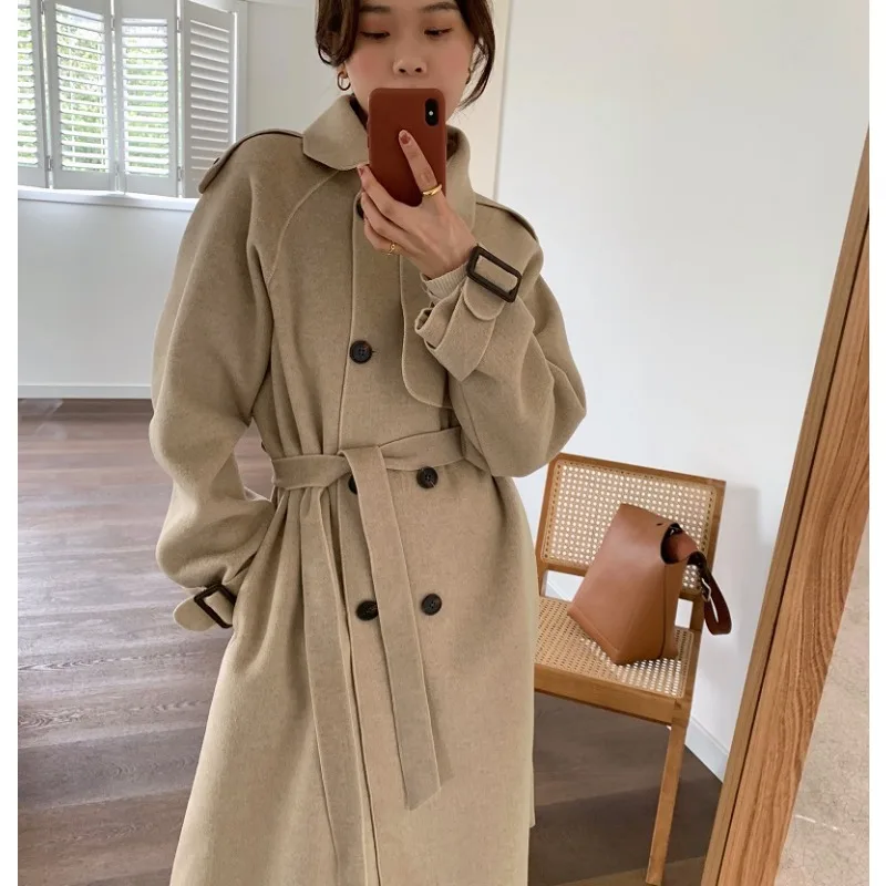 

SuperAen Double-sided Wool Long Coat Vintage Korean-style Turn-down Collar Double-breasted Lace-up Waist Fashion Coats