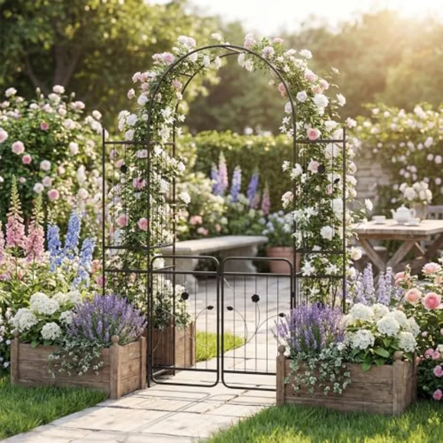 87-Inch Metal Garden Arch with Lockable Gate and Side Shelves for Outdoor Use, Black Powder-Coated Steel, Rust-Resistant and St