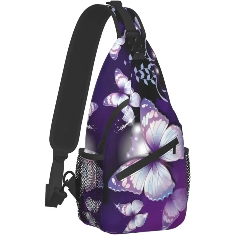 Sprakling Purple Butterfly Shoulder Bags Mini Rope Sling Bag Crossbody Waterproof Fashion Chest Daypack for Women Travel Runner