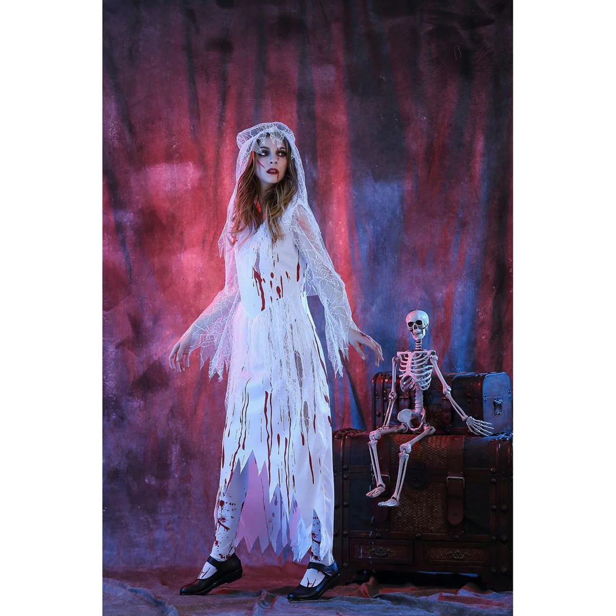 Costume de mariée fantôme 2 pièces, robe longue d'halloween, voile, Costumes d'halloween pour femmes, Costume de fête Cosplay de mariée fantôme