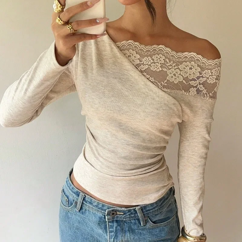 European American INS Lace Splicing Off Shoulder Long Sleeved Base Shirt Slimming Flattering Versatile Top for Women