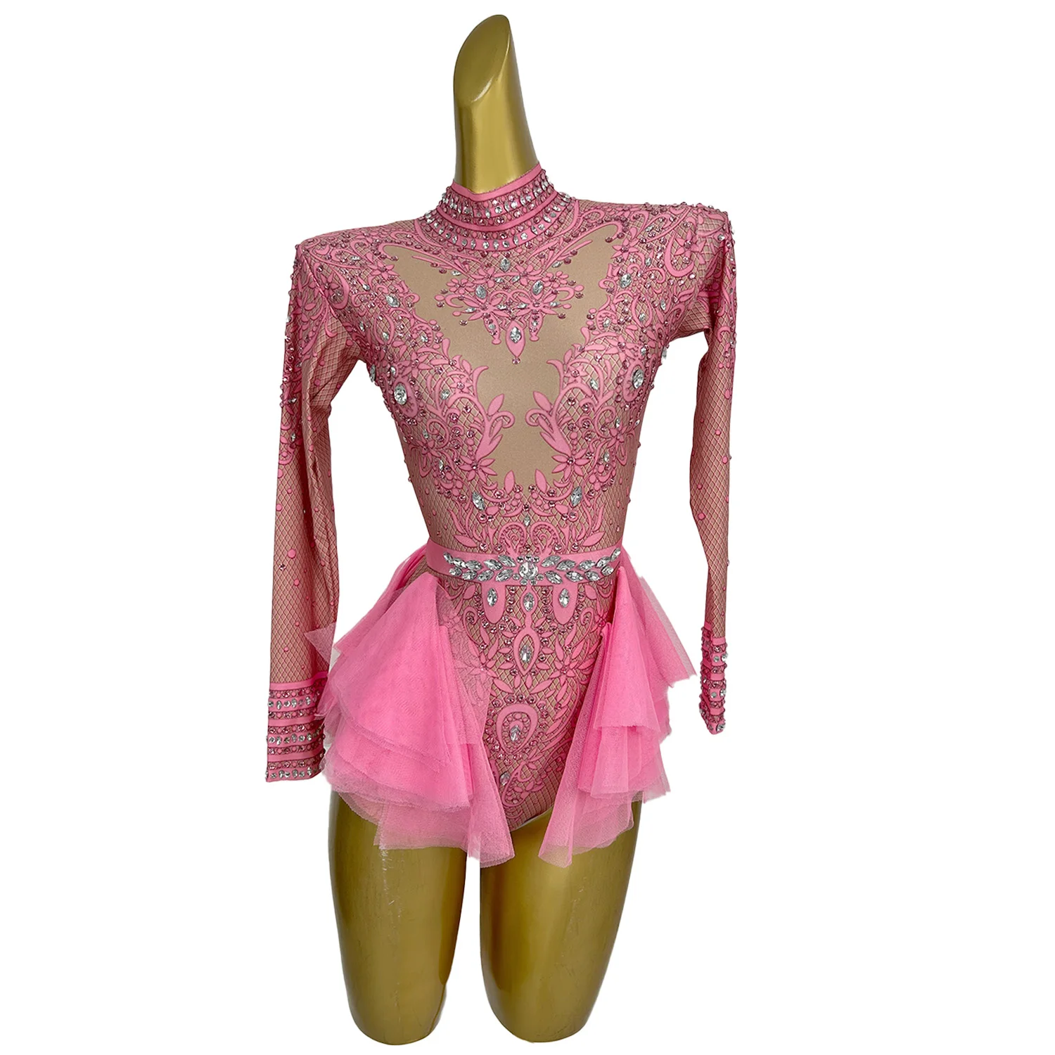 Sparkly Rhinestones Bodysuit Women Elastic Mesh Ruffles Crystal Leotard Nightclub Dancer Costume Stage Wear Party Outfit Putong