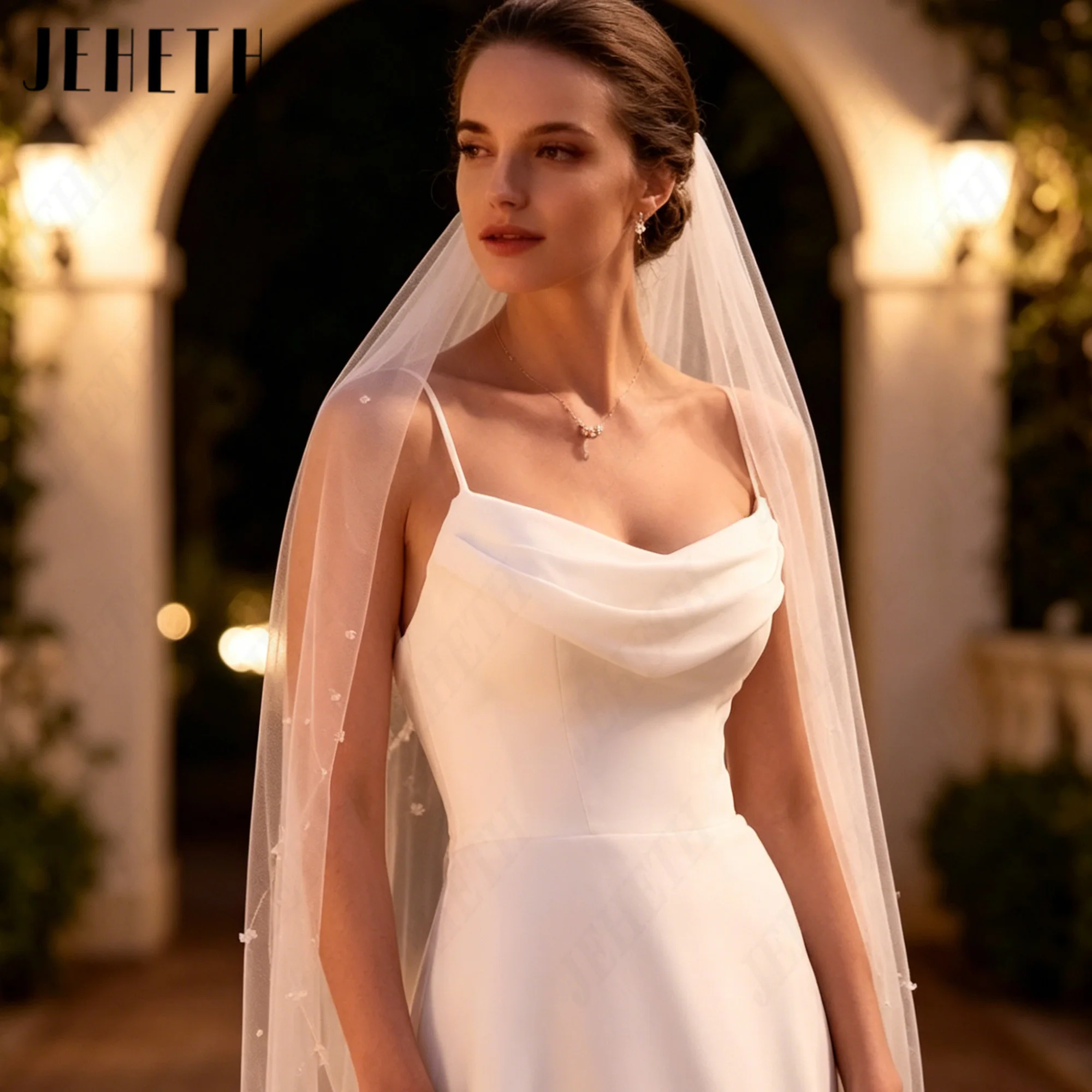 JEHETH Cowl Neck Chiffon Wedding Dress Customized High Side Slit Modest Bridal Dresses Bride Spaghetti Strap Gowns Backless