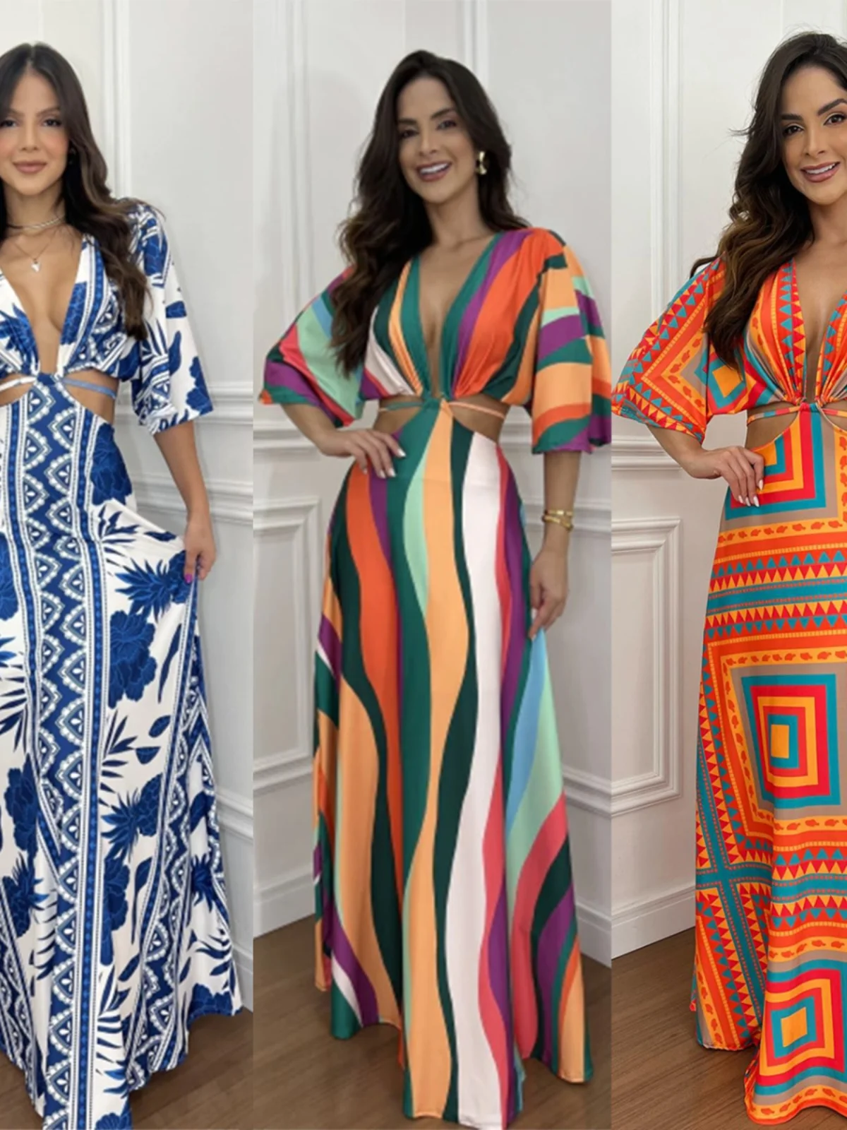 

Sexy Deep V-ne Cutout Dr Women's Sli Print Midi Skirt Polyester Fiber Batwing Sve A-line Silhouette Spring Summer...