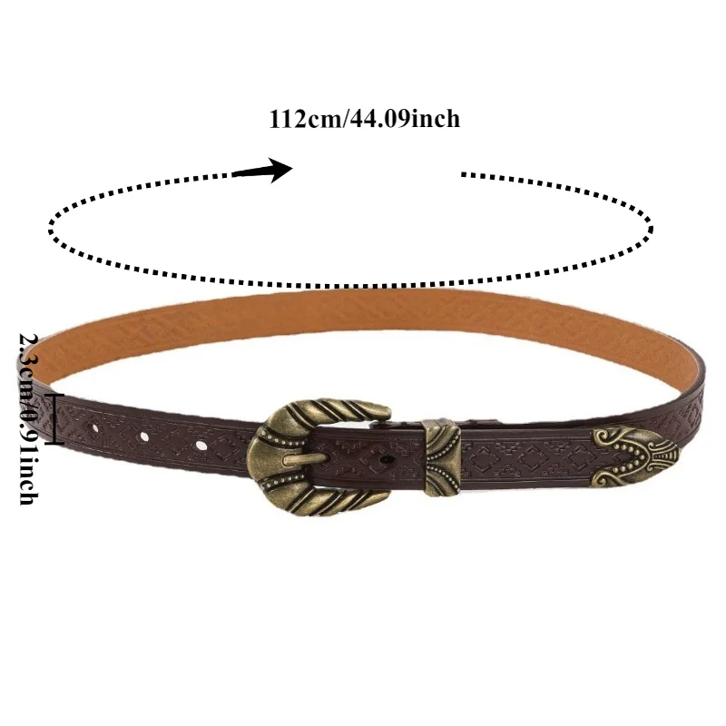 Fashionable Unique Retro-Style Belt with Carved Buckle and Distressed Embossed Leather  Multi-Hole Adjustable Women’s Belta